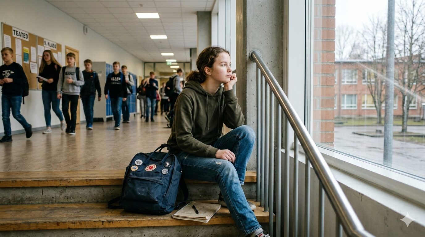 Noor tüdruk istub mõtlikult koolikoridori trepil, seljakott ja märkmik kõrval, ning vaatab aknast välja ja mõtled kuhu minna õppima. Taustal liiguvad teised õpilased.