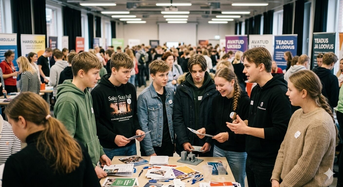 Grupp põhikooliealisi noori seisab haridusmessil "Haridusfest" laua ümber, kus on voldikud. Üks vanem õpilane selgitab neile midagi elavalt, hoides käes paberit. Taustal on näha suurt rahvahulka ja stende tekstidega "AVATUD UKSED", "TEADUS JA LOOVUS". Meeleolu on aktiivne ja positiivne.