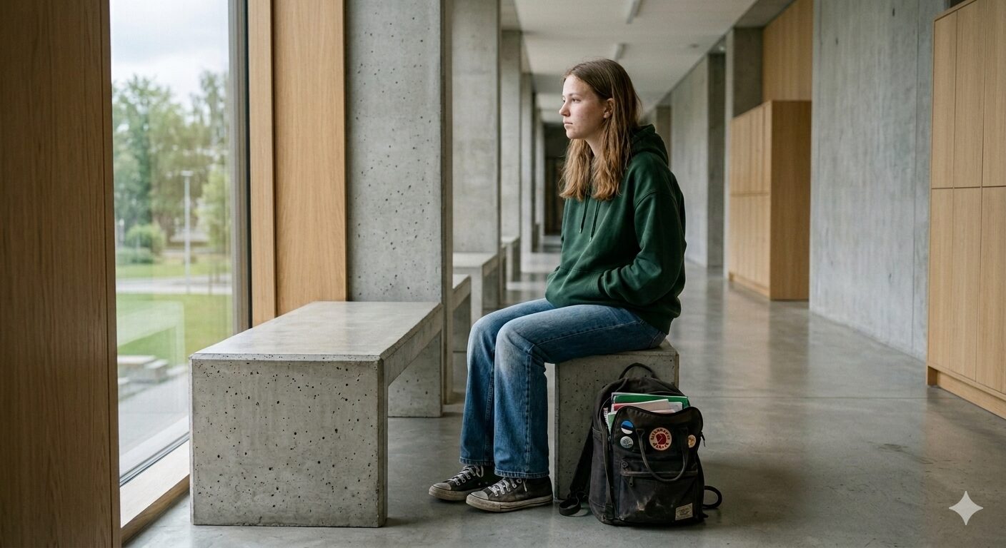 Noor tüdruk, seljas roheline pusa, istub mõtlikult ja veidi murelikult betoonist pingil kaasaegses, kuid tühjas koolikoridoris. Tema kõrval maas on must seljakott. Ta vaatab aknast välja.