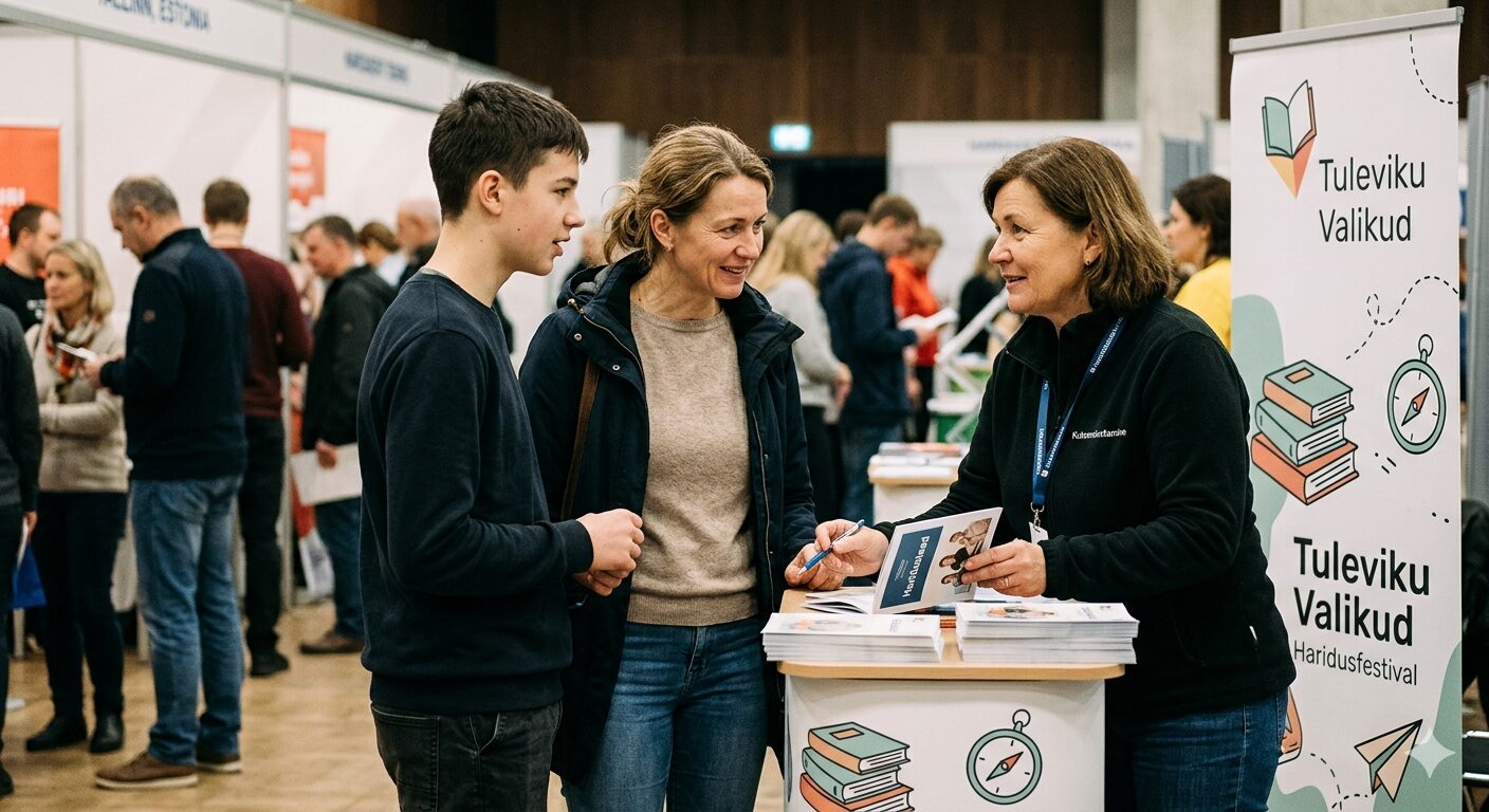 Ema ja tema teismeline poeg seisavad Haridusfesti infolaua taga ja vestlevad naeratava nõustajaga. Infolaual on voldikud ja kõrval on bänner tekstiga "Tuleviku valikud". Taustal on näha messimelu ja teisi külastajaid.