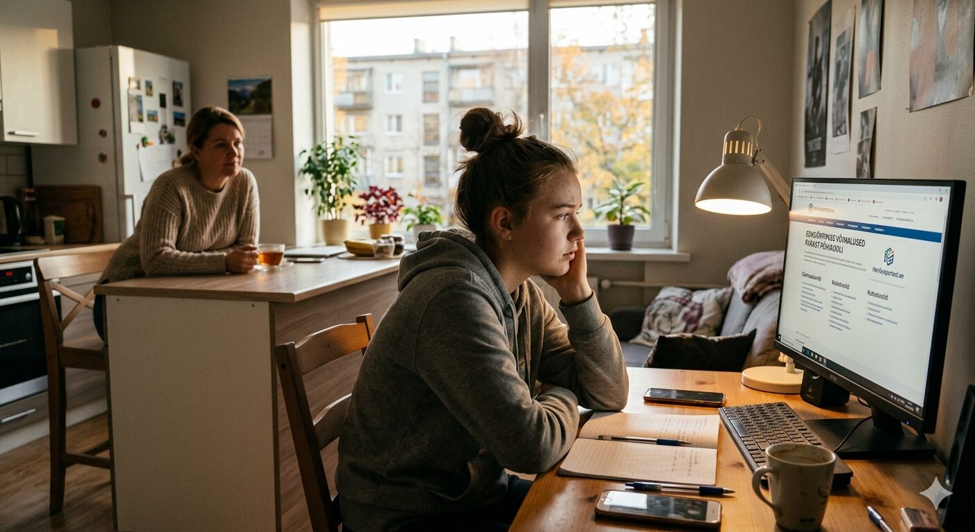 Noor tüdruk istub kodus arvuti taga ja uurib haridusportaali veebilehte, toetades pead käele. Taustal köögis jälgib teda toetavalt ja ootavalt ema, hoides käes teetassi. Laual on avatud märkmik, telefon ja kohvitass.