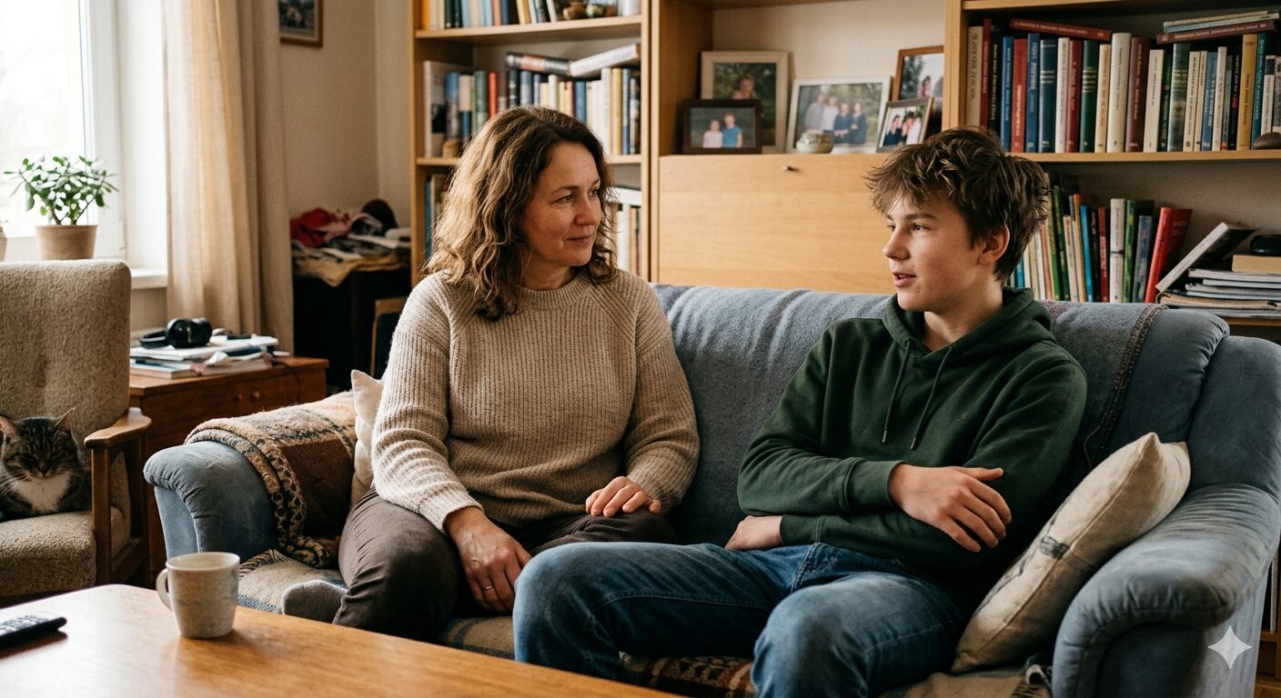 Ema ja poiss istuvad kodus pehmel diivanil ning vestlevad süvenenult. Poiss räägib žestikuleerides, ema kuulatab teda toetava ja huvitatud pilguga. Taustal on raamaturiiul ja hubane kodune atmosfäär.
